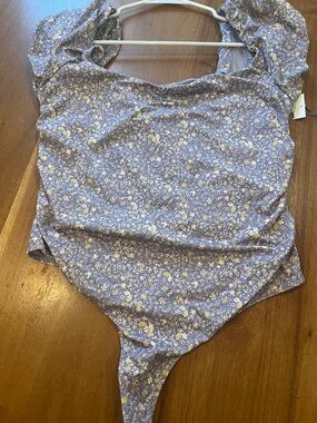 Free People Lavender Floral Puff-Sleeve Bodysuit